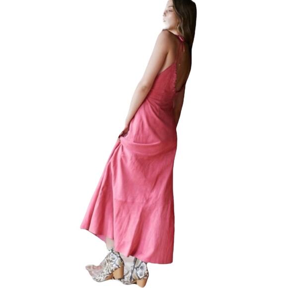 Free People Gizelle Midi Dress Luxe Suede 4 Pink Boho Tie Shoulder Goat Leather - Picture 8 of 8